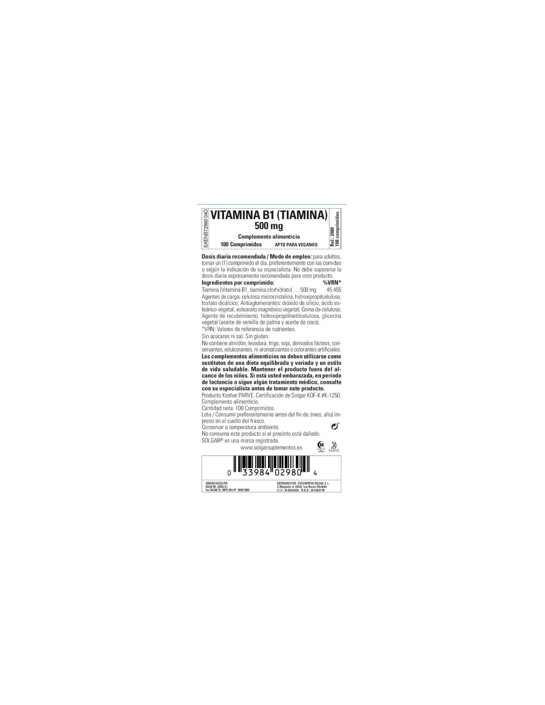 SOLGAR VITAMINA B1 500 MG 100 COMPRIMIDOS 4 SOLGAR VITAMINA B1 500 MG 100 COMPRIMIDOS - Imagen 2